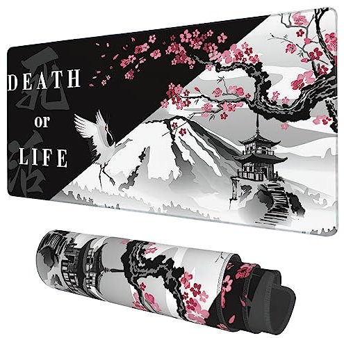 Grand tapis de souris de jeu avec base antidérapante et bords cousus, motif fleurs de cerisier noir et blanc, 89,9 x 40 cm, long tapis de souris pour clavier d'ordinateur pour la maison, le bureau, le
