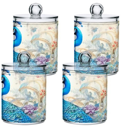 GAIREG Paquete de 4 dispensadores de soporte Qtip con diseño de pavo real azul vintage para baño, juego de tarros de boticario de plástico