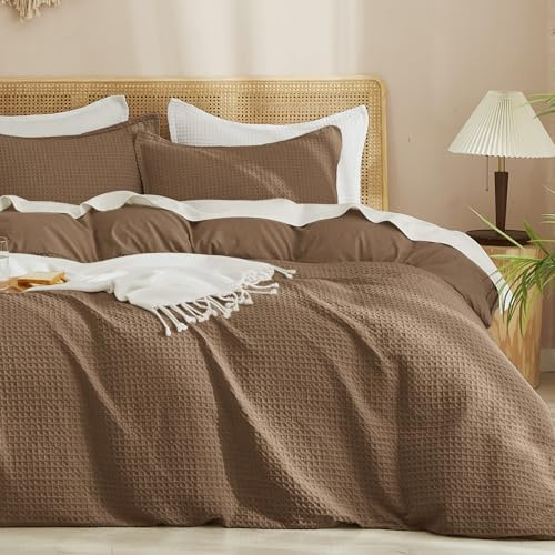 PHF Waffle Duvet Cover Set Queen Size, No Snagging Ultra Soft Luxury Textured Breathable Comforter Cover for All Season 3pcs, Durable Bedding Duvet Set with 2 Pillow Shams, 90x90, Mocha/Cocoa Brown