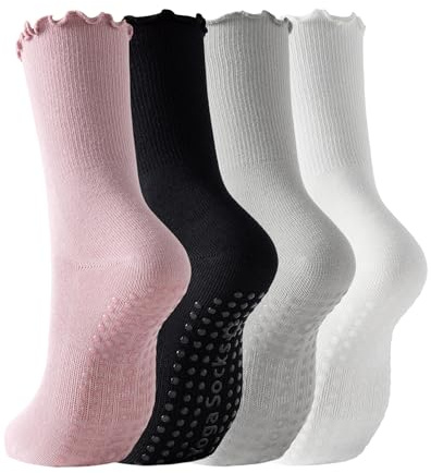 Yawlsow 4 Paar Yoga Pilates Grip Socken für Damen Rutschfeste Stoppersocken | aus weicher Baumwolle mit Silikon Punkten für Barre Tanz Fitness Trampolin Kampfsport Ballett Krankenhaus Zuhause mit Rüschen