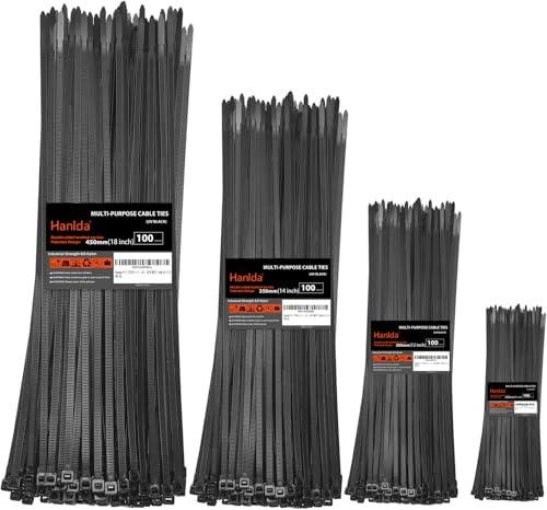 Hanida bridas plásticas Cierre de zip de 200+300+350+450mm, dentado doble, Atadura de cables Heavy Duty de 45kg con correas de nylon ajustables autobloquantes y para interior/exterior (400 piezas)
