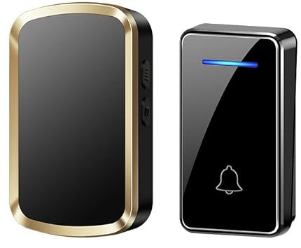 SLDAGe Wireless Doorbell, Waterproof Door Chime Kit with 1 Press Self-Powered Transmitter & 1 Plug-in Receiver, 60 Chimes, 5 Volume Levels, No Battery Required,black gold