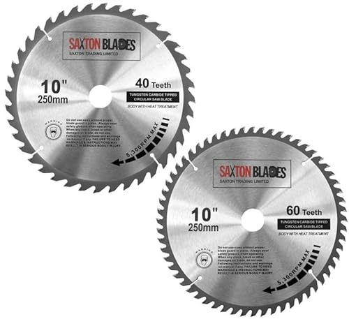 2 x Saxton TCT Circular Wood Saw Blade 250mm x 30mm 40 & 60T for Bosch, Makita etc fits 255mm saws