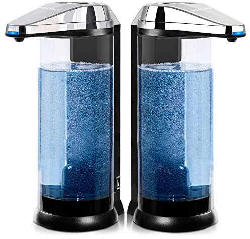 Secura 2 Pcs 17oz Touchless Battery Operated Automatic Liquid Soap Dispenser Set w/Adjustable Soap Dispensing Volume Control Dial, Suitable for Bathroom Countertop or Kitchen (Chrome)