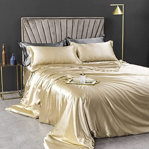 CoutureBridal Housse de Couette 240x260cm + 2 taie d'oreiller 65x65cm Or Parures de lit Ado Adulte 2 Personne Satin la Soie Lisse Linge de lit