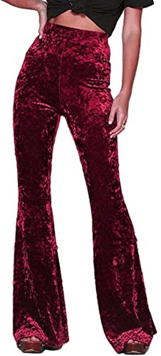 SEMATOMALA Women's Crushed Velvet Straight Wide Leg Pants Flare High Waisted Palazzo Bell Bottom Yoga Streetwear Trousers