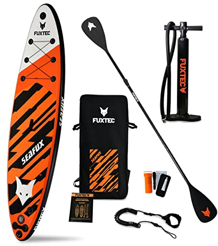 Fuxtec Aufblasbares SUP Board Set – Stand Up Paddle Board 320 x 81 x 15 cm mit 3 Finnen – Touring-Board belastbar bis 150kg – inkl. Rucksack