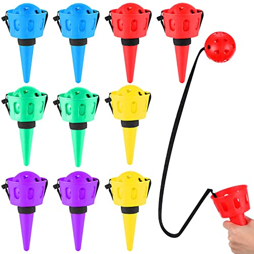Gerrii 10 Pieces Throw and Catch Ball Set Game Kids Ball and Cup Hand Eye Coordination Kids Catch Ball with String Outdoor Party Game for Yard Lawn Camping Games, 5 Color