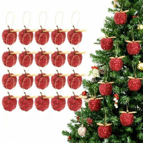Garneck 20pcs Mini Red Apple Ornaments Gliter Christmas Red Apples Hanging Decoration Small Foam Christmas Pendant Ornaments for Xmas Tree Wreath Holiday Indoor Decor