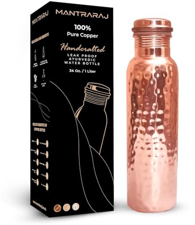 MantraRaj 100% Pure Copper Water Bottle Ayurvedic Water Copper Bottle Leak Proof water bottle Seal Cap Joint Free 1 Liter 34 Oz Easy to carry for Sports, Fitness, Yoga, School Hammer