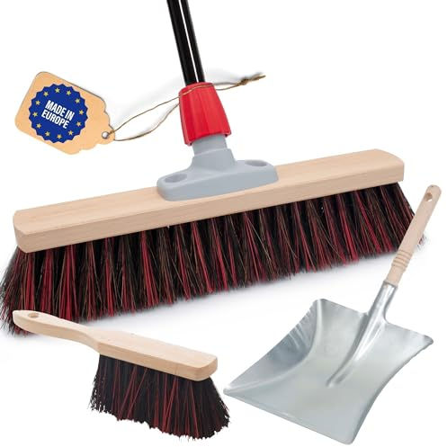 Novaliv Balai de rue avec manche de 40 cm - Poils Arenga-Elaston - Noir - Composé d'une pelle et d'une balayette - Idéal comme balai de jardin, de terrasse, d'écurie - Pour l'extérieur