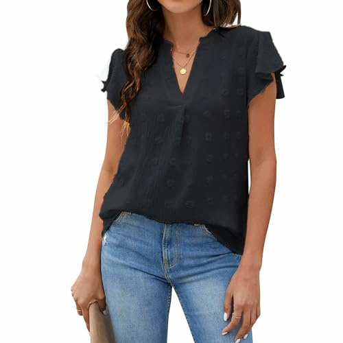 Satohom Chemise Femme Chic et Élégant Col V Blouse Chiffon D'été Tee Shirt Confortabletunique Chemisier Hauts Casual Blouse à Manches Courtes à Volants Fluide Ample Tunique pour Le Travail