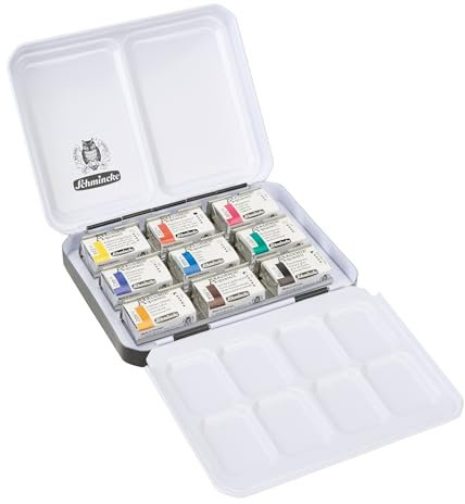 Schmincke – AKADEMIE® Aquarell Farbkasten, Grundsortiment 9 x 1/1 Näpfchen, 75 789 097, Metallkasten, hoch lichtechte Farbtöne, feine Künstler-Aquarellfarben
