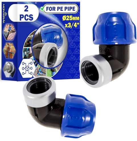 2 Pezzi Raccordo Ø 25 mm x 3/4″ a Gomito 90° con Filetto Femmina Rinforzata con Anello in Acciaio Zincato in Polipropilene PP per il Collegamento di Tubo Polietilene PE - MONTERAL