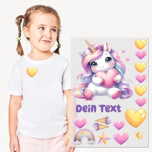 GRAZDesign Bügelbilder Set Einhorn Mädchen für Textilien DIN A4 zum selbst aufbügeln mit Namen personalisiert