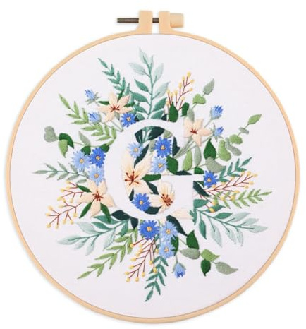 IUHUI Broderi kit för nybörjare vuxna – 26 blommiga bokstäver enkla mönster, gör-det-själv handsömnad broderiset med ring (blomma och gräs bokstav G)