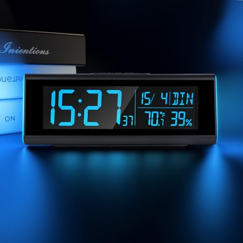 Seutgjie Sveglia Digitale da Comodino con Luce RGB Secondi Data Settimana Temperatura Umidità VA Display DST Funzione doppio allarme Modalità Snooze Formato per Scrivania Camera da Letto Ufficio