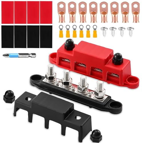 250 Amp Sammelschiene Verteilerblock 12V- 48V DC BusBar Box mit Abdeckung,4 x M8 (5/16 Zoll) Stromverteilerblöcke für oder Autos, Wohnmobile, Schiffe, Yachten