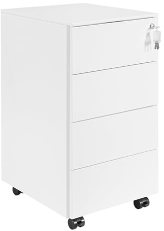 HOMSTEEL Rollcontainer, Mobiler Aktenschrank mit Schloss, 4 Schlüssel, 4 Schubladen, Metallschrank, Bereits Vormontiert, für Büro, Heimbüro, Weiß