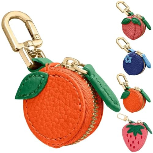 Peach Fruit Charm Coin Purse, Strawberry Coin Purse, Waterproof Leather Fruit Bag Charm Bag Keychain, Pu Cute Keychain Mini Pouch for Ai-rtag Wallet Gift for Girl Women (Tangerine)
