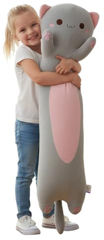 Lange Katze Kuscheltier 60cm - Ultraweiches Plüschkissen für Erwachsene & Kinder, Kawaii Seitenschläferkissen Katze, Schlafkissen & Kuscheltier, Geschenk für Katzenliebhaber (Runden Augen Grau)