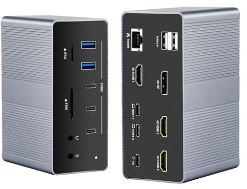 19-in-1 USB-C Docking Station Dual Host Laptop Dock with Quad Display | 19-in-1 USB-C docking station with dual host, quad display, 8K@30Hz & Dual 4K@60Hz output, PD charging, RJ45 Ethernet
