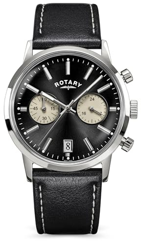 Rotary Orologio da uomo 1895 con cronografo in acciaio inossidabile nero con cinturino in pelle
