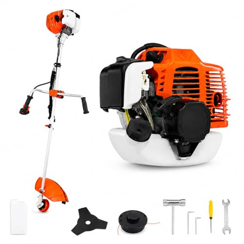 Decespugliatore a Scoppio 52cc 1.45kW 8500RPM Motore 2 Tempi con Manubrio Avviamento Elettrico con Batteria 12V e Manuale con Testina Doppio Filo e Disco tre Denti Acciaio per Erba, Giardino, Arbusti