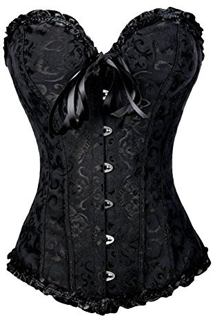 PhilaeEC Women's Plus Size Bridal Lingerie Lace up Satin Boned Corset + G-string (Black, 2XL)