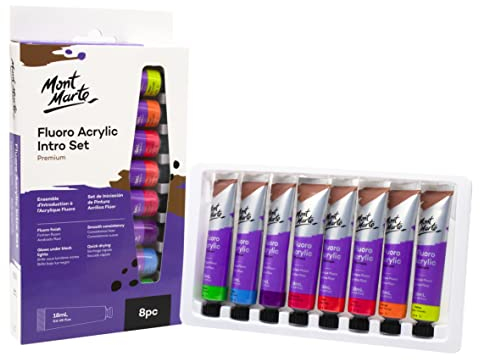 Mont Marte Acrylfarben Set Neon – Fluoreszierend – 8 Stück, 18 ml Tuben – Ideal für Acrylmalerei – Brillante Lichtechte Farben mit großer Deckkraft – Neoneffekt unter Schwarzlicht