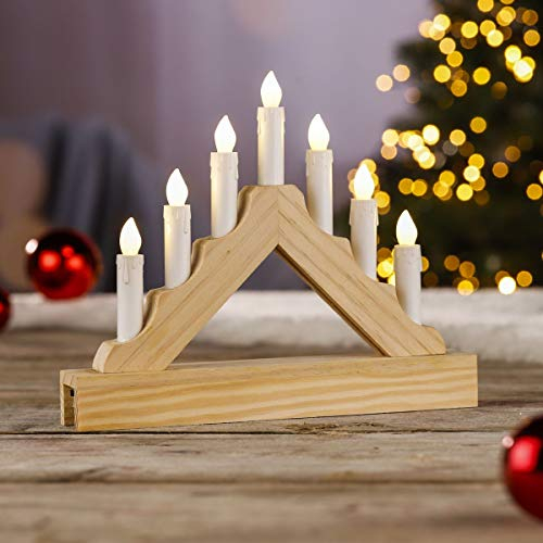 Schwibbogen aus Holz - Lichterbogen für Weihnachten mit 7 warm-weißen LED Kerzen, batteriebetrieben