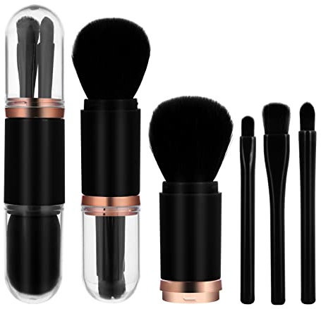 Molain Lot de mini pinceaux de maquillage 4 en 1 - Portable - Pinceau à lèvres de voyage - Pinceau à ombres à paupières - Pinceau à fond de teint - Pinceau à poudre rétractable pour le visage (noir)