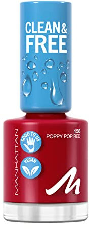 Manhattan Clean und Free Nail Polish, Fb. 156 Poppy Pop Red, atmungsaktiver Nagellack, vegan, 8 ml