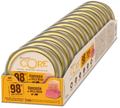 Wellness CORE 98 procent kyckling och Wild Boar, kattmat våt, paste, spannmålsfri, hög kötthalt, kyckling med vildsvin, 12 x 85 g