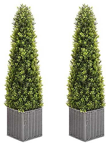 36 Inch Artificial Boxwood Topiary Tree 2 Pack, Two 3FT SEVENLOVE Potted Boxwood Tree Cone Topiary Artificial Plant Shrub for Front Porch Home Office Decor