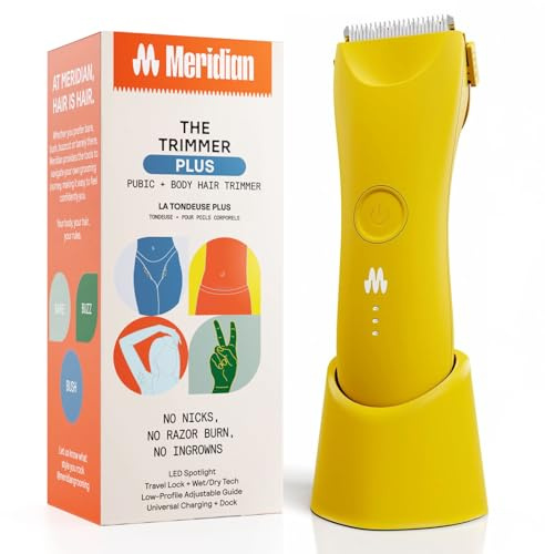 MERIDIAN The Trimmer Plus - Recortadora de vello corporal y afeitadora eléctrica impermeable para hombres y mujeres para vello púbico, pecho, piernas y línea de bikini, cable UBS-C y base de carga