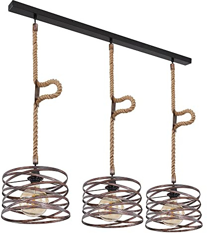 LED Pendelleuchte Hanfseil Retro Vintage Wohnzimmerlampe Industrie Style Pendelleuchte, rostfarben, 3x E27 Filament LED warmweiß, LxBxH 115x28x120 cm