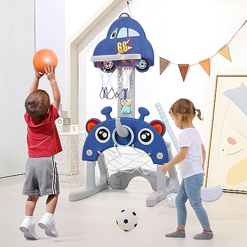 Småbarn basketring och stativ set 5-i-1 justerbar basketställning med fotbollsmål, golf, ringkast, musikspelare sportaktivitetscenter för småbarn barn inomhus och utomhus (blå)