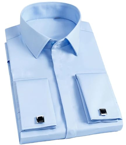 Alloaone Camisa de manga larga con botones y puños franceses para hombre, camisa de esmoquin para boda, camisa de vestido alto con gemelos, azul claro, XL