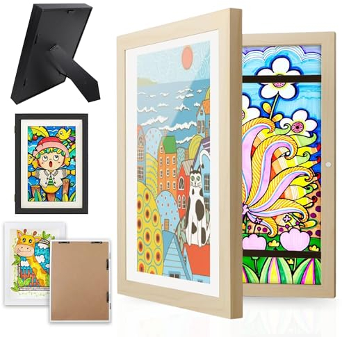 Krobby - Cuadro Portadibujos Infantil - Marco Dibujos niños A4 - Apertura y Cierre Magnético - Capacidad 150 Láminas - Diseño Madera (21 x 29,7 cm)