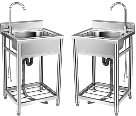 Gewerbliche Spülbecken Freistehende Edelstahl Spültisch1 Becken Outdoor Garage Garten Camping Keller Ausgussbecken mit Wasserhahn mit Kalt und Warmwasserschläuchen