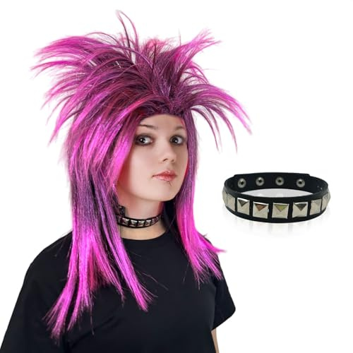 UILYNIU Perücke 70er 80er Rocker Rosa Mit Choker, Vokuhila Rockstar Rocker Punk Popstar Disco Hippie Perücke für Erwachsene Party Halloween Karneval Kostümzubhör (Rosa)