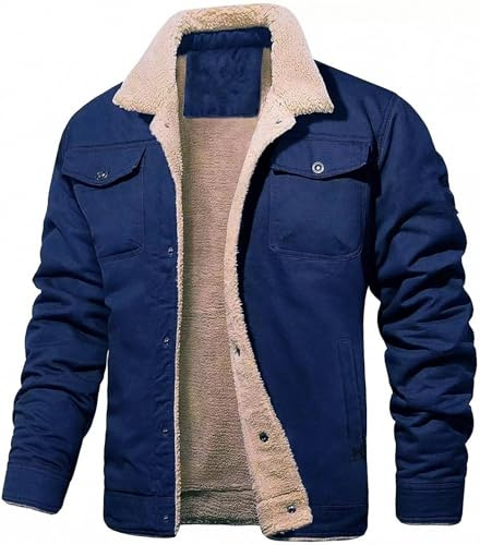 Fleecefodrade cargojackor för män vintervarma tjocka rockar, vinter fleecejacka sherpa termiska vinterrockar, Mörkblått, 5XL
