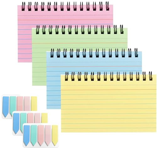 4 Packs Index Cards - 200 Sheets Flashcards Coloured Note Card and 3×5 Inches Index Tabs Spiral Ruled Lined Record Coloured Record Cards & Cue Card Notepaper for School Essentials Home Office DIY