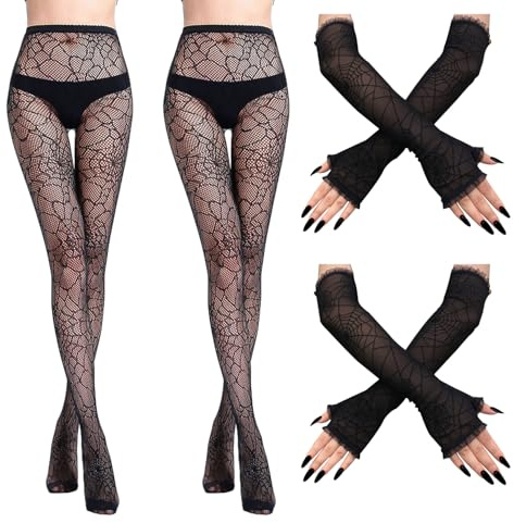 JNAWA 4Pairs Halloween Spiderweb Tights and Gloves Women's Spider Web Gloves Fingerless Stockings Fancy Dress Costume Accessories for Halloween Party