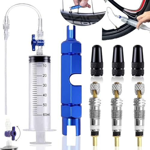 60 ml cykel slanglös tätningsinjektorsats, cykel ventilverktygsspruta, fransk ventilsats, cykelspruta, med Presta Valve Core borttagningsverktyg