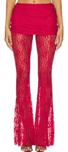 SYHVGI Women Lace Bell Bottom Pants Sexy See Through Leggings Beach Cover up Trousers Hollow Out Flare Pants (C-Red, S)