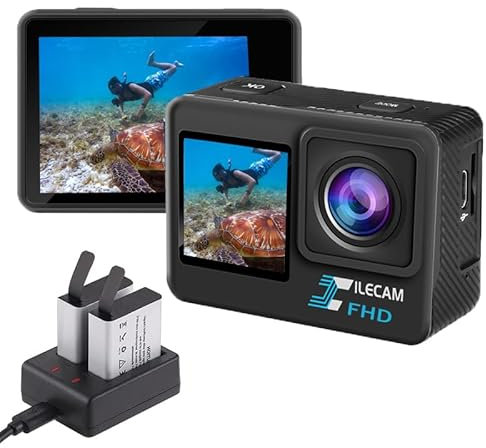 Xilecam Dual Screen Action Cam 1080P /WiFi wasserdichte Kamera, 4 x Zoom, 131 Fuß (40 m), wasserdichte Unterwasserkamera mit 2 x 1050 mAh Akku und Multifunktionalem Zubehör(L300)