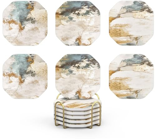 UMIRRO Ceramic Stone Coasters for Drinks Absorbent with Holder for Wooden Coffee Table Decor, Stoneware Cup Coasters for Iced Cold or Hot Drinks, Rustic Retro Boho Style, Gold, 4 Set of 6