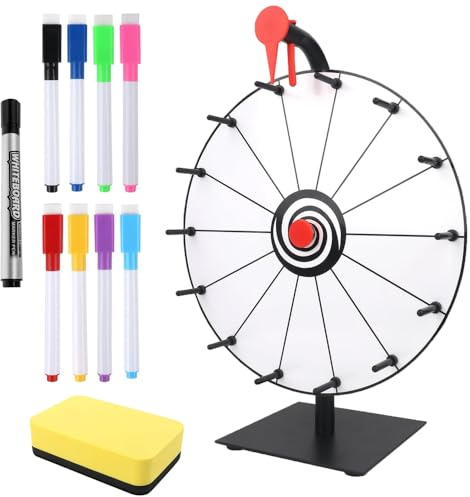 SKIKHN Roue de La Fortune,30cm Roue de la Chance avec 14 Emplacements,Roues de Loterie avec Gomme et marqueur,Roues de Prix Tournante pour Jeux de Loterie,Jeux de Mots Carnaval,Fête Noir et Blanc